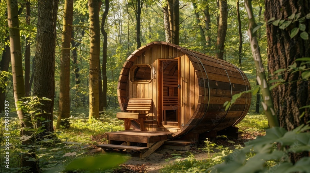 A wooden sauna wagon situated in a serene forest setting offering a unique sauna experience..