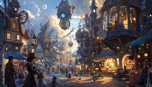 Envision a bustling marketplace in a steampunk world