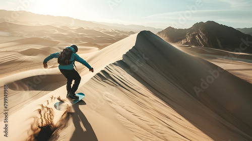 A sandboarder carving down towering dunes in a desert landscape. Epic shot.


 photo