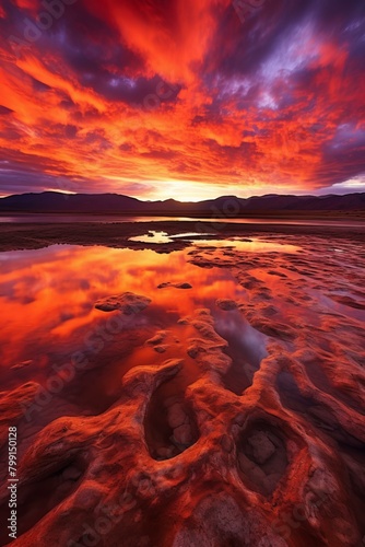 Red sunset over the Bonneville Salt Flats in Utah photo
