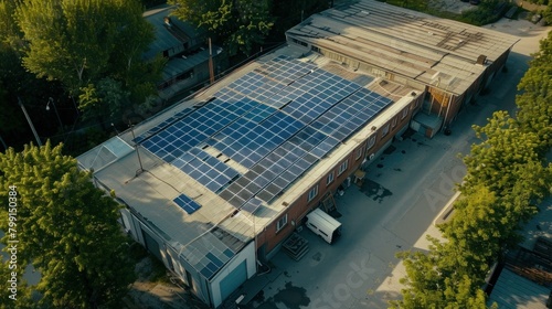 Aerial view of solar panels on factory roof. Blue shiny solar photo voltaic panels system product