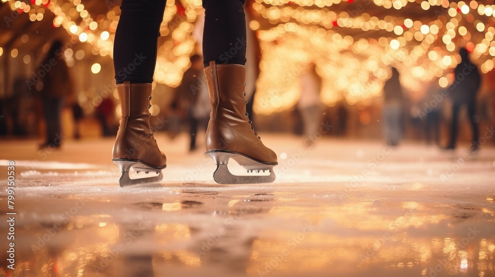 Fototapeta premium ice skating at christmas market with blurred lights in background