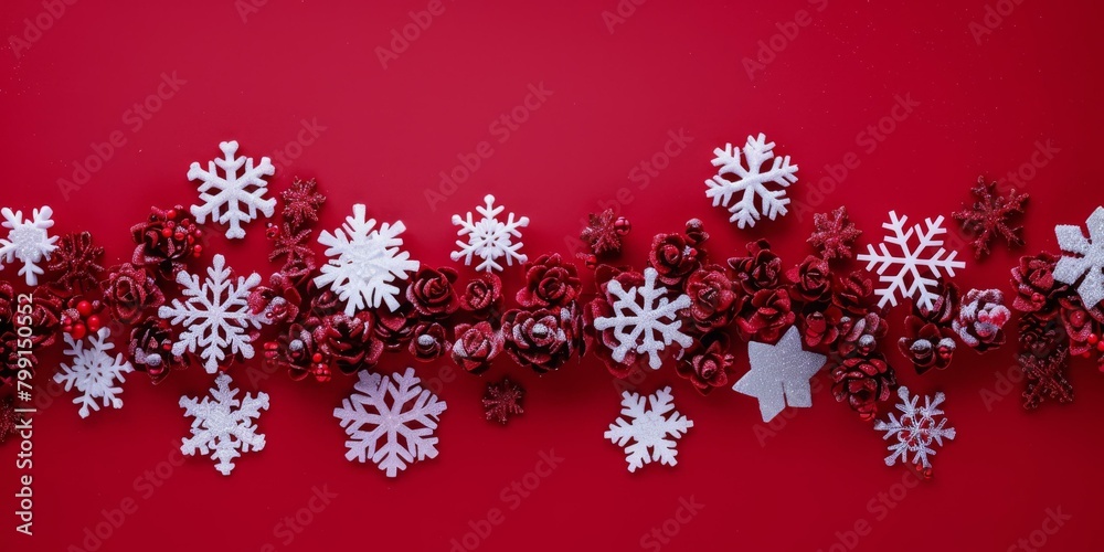 Red Christmas background with snowflakes and roses