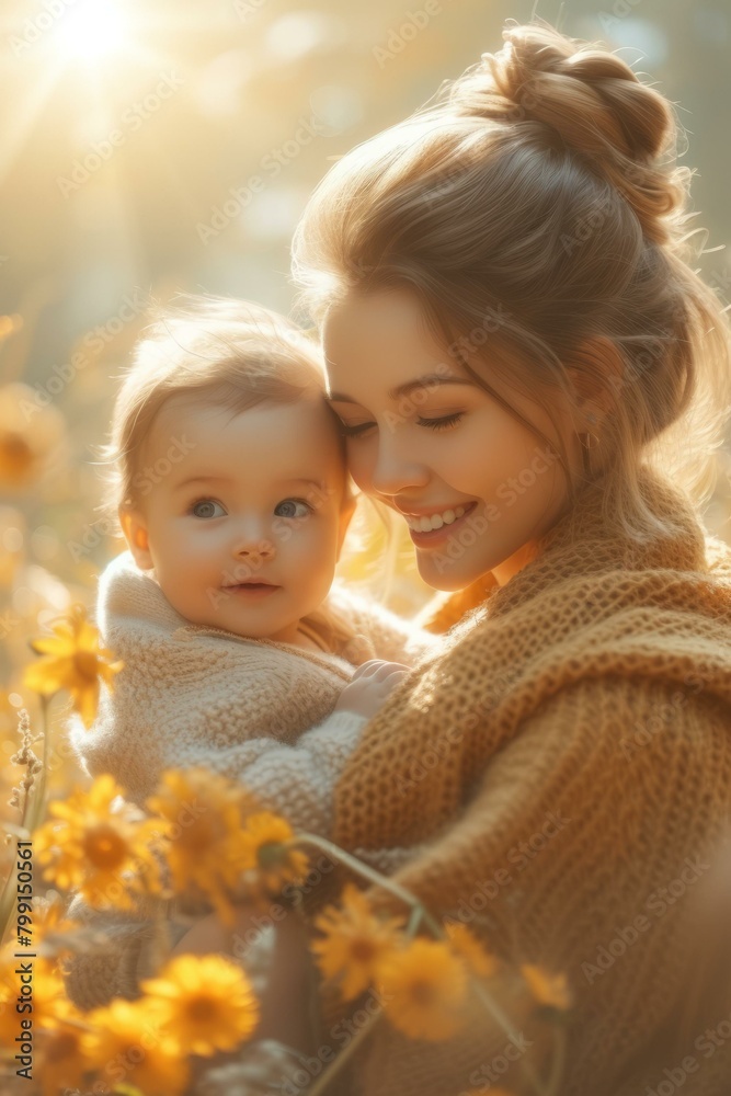 Mother and baby in a field of flowers Mother and baby in a field of flowers