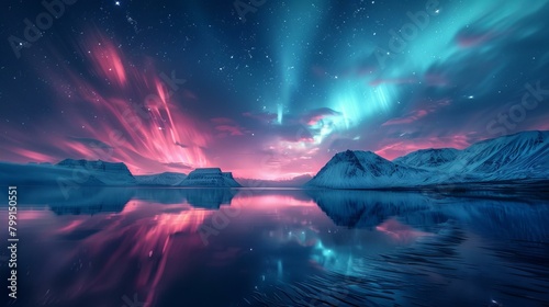 Aurora borealis landscape with mountains and water reflection