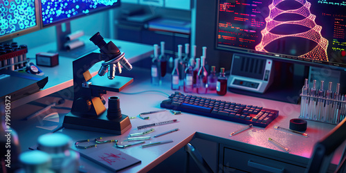Close-up of a geneticist's desk with DNA samples and gene sequencing equipment, representing a job in genetics photo