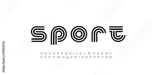Modern stylized striped font, minimalistic trendy alphabet made linear style, black graphic futuristic letters and numerals, vector illustration 10EPS