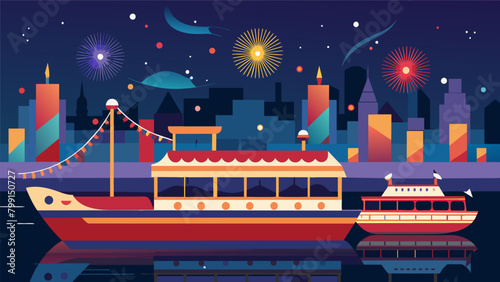 Boats adorned with ling lights cruise along the waterfront offering a unique viewing experience for those wanting to enjoy the fireworks from a. Vector illustration