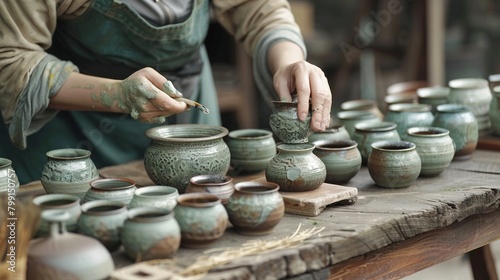 The detailed preparation of a tea table with handcrafted ceramics