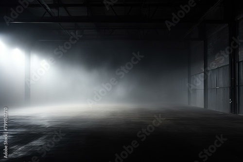 An empty warehouse with spotlights