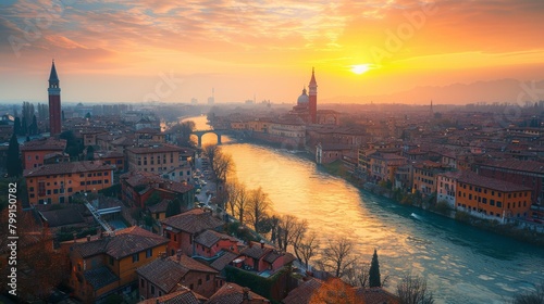 Verona cityscape with river Adige at sunset, Veneto, Italy photo