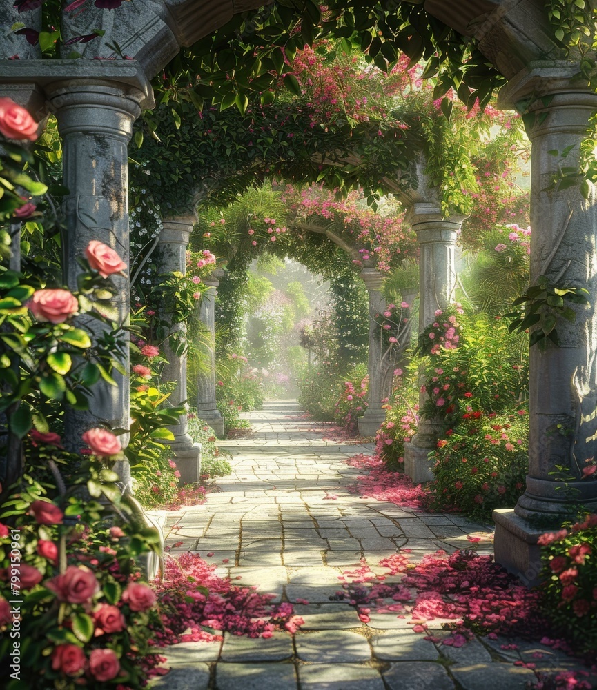 fantasy garden with pink roses and stone pillars