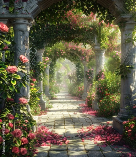 fantasy garden with pink roses and stone pillars photo