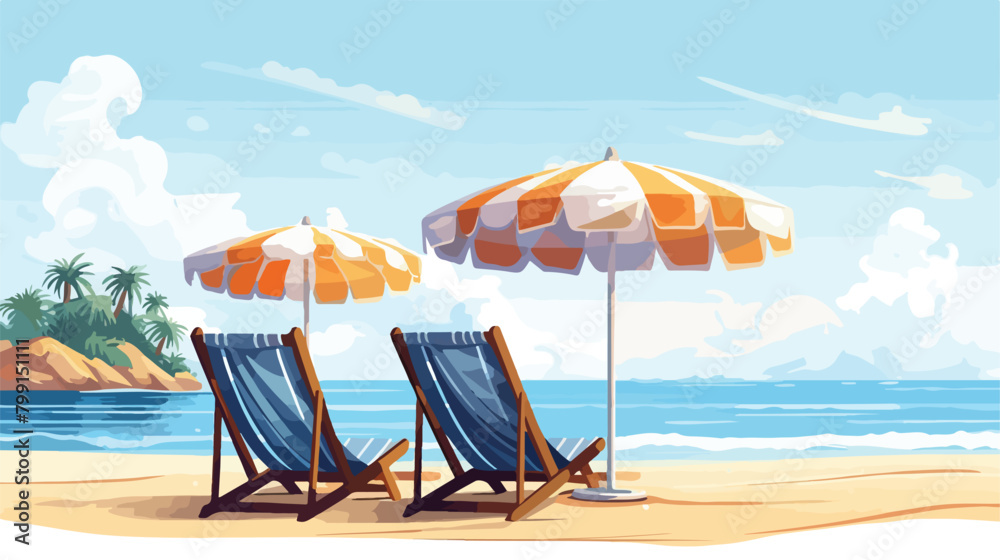 Sea and ocean beaches with umbrellas and deckchairs