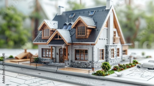 3D rendering of a beautiful house with a grey roof