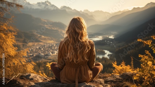 woman meditating in the mountains photo