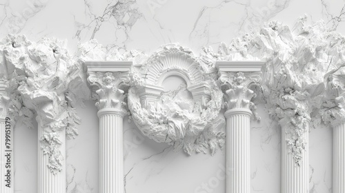 White marble wall with carved columns and floral elements photo