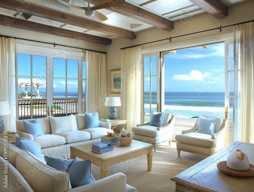 A living room with a view of the ocean. The room is decorated with white furniture and blue pillows. There are two couches, a coffee table, and several chairs © MaxK