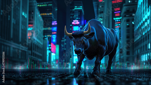 Bull roaming city streets at night, amidst lights symbol for stock market crypto currency digital finance concept