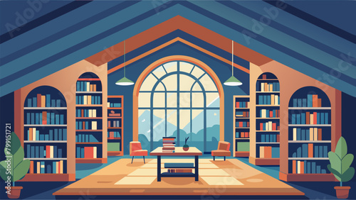 An elegant home library with a vaulted ceiling and large windows allowing natural light to illuminate the space and create a welcoming ambiance..