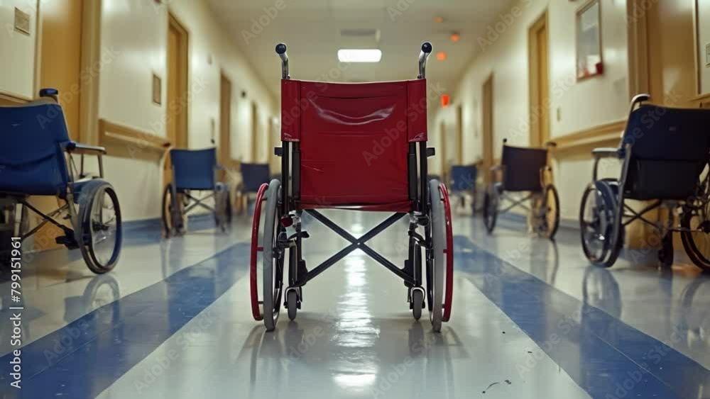 Hospital corridor filled with empty wheelchairs signifying overwhelmed healthcare facilities. Concept Healthcare system strain, Overwhelmed hospitals, Empty wheelchairs, Medical crisis