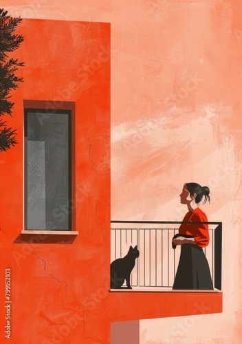 A woman standing on a balcony with a cat photo