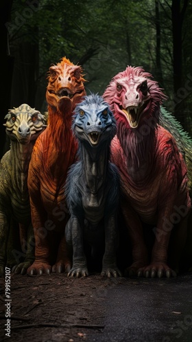 Four dinosaurs of different colors standing in a forest photo