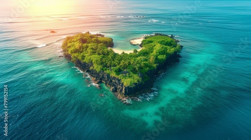 Small heart-shaped island with beach and green vegetation in the middle of the ocean