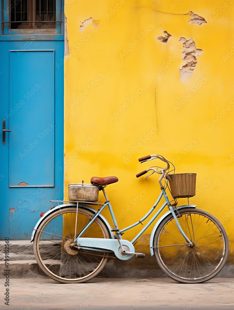 A cheerful yellow bicycle leaning against a colorful city wall, adding a pop of brightness to the urban scene