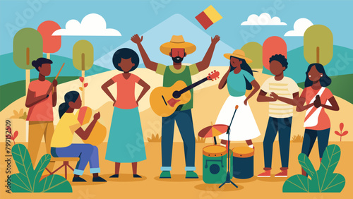 A group of musicians each with their own instrument gather on a makeshift stage in the middle of a field as families and friends surround them singing. Vector illustration