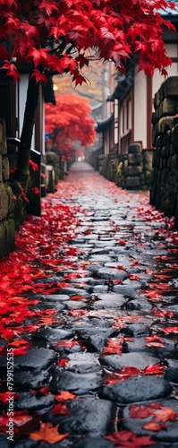 Vivid red autumn leaves scattered across a cobblestone path, crisp and vibrant against the grey stones photo