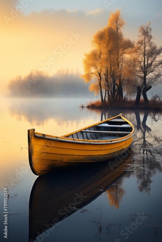 Yellow painted row boat moored on a quiet lake at dawn, mist rising and water reflecting the pale sky