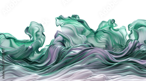 A detailed image of large swirling waves of emerald green and lavender isolated on a white background, appearing as if shot with an HD camera.