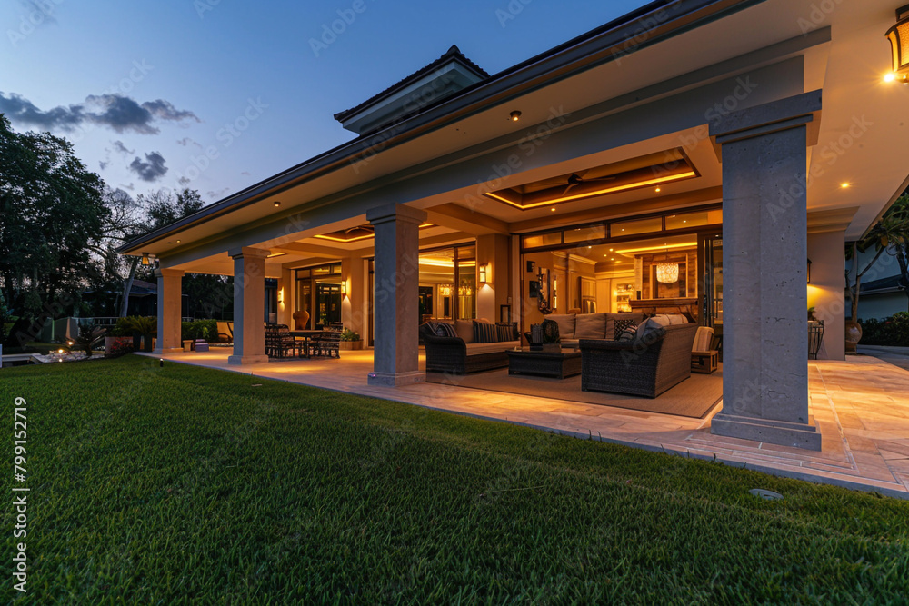 A luxury home's dusk ambiance is captured, emphasizing its warmly lit interiors, stylish porch, and the perfection of its garden.