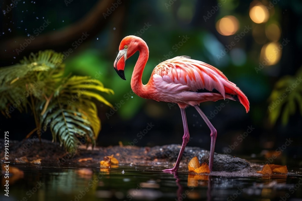 Fototapeta premium Bright pink flamingo standing elegantly in a shallow pond, surrounded by lush green foliage