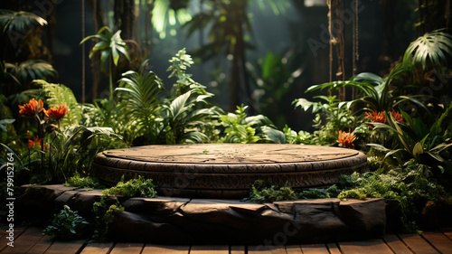 Wooden podium in tropical forest for product