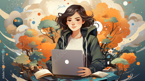 Young woman student study in the using laptop