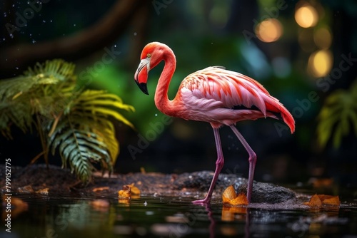 Bright pink flamingo standing elegantly in a shallow pond, surrounded by lush green foliage