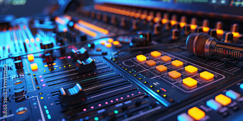 Close-up of a radio host's desk with microphones and soundboards, symbolizing a job in radio broadcasting