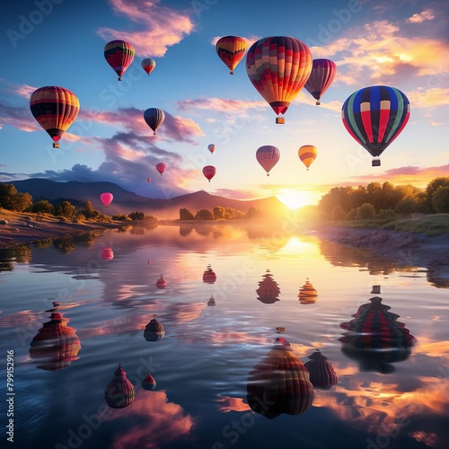 Colorful hot air balloons rising at sunrise during a festival, bright against the pale morning sky