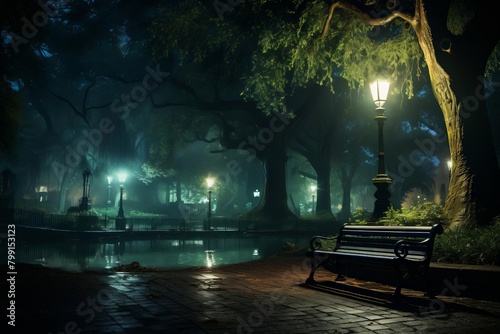 Nighttime city park illuminated by green lights, creating a mysterious and enchanting atmosphere