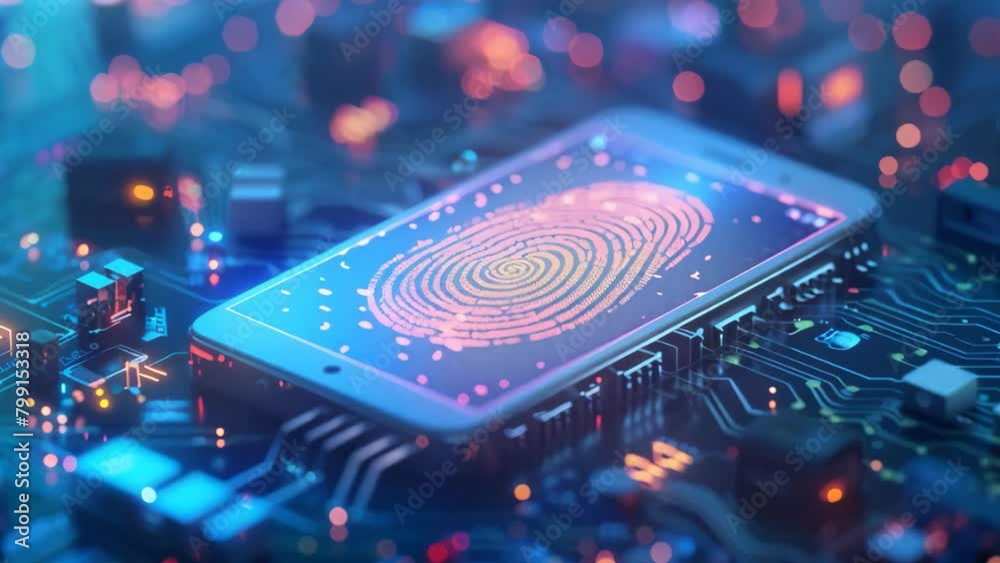 Blue Biometric Fingerprint Identification on Digital Smartphone - Concept of Cybersecurity and Data Protection
