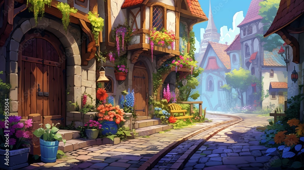 Blossoming flowers adorn medieval village 2D cartoon illustration. Peaceful sun-drenched rustic buildings flat image colorful scene horizontal. Tranquil morning wallpaper background art
