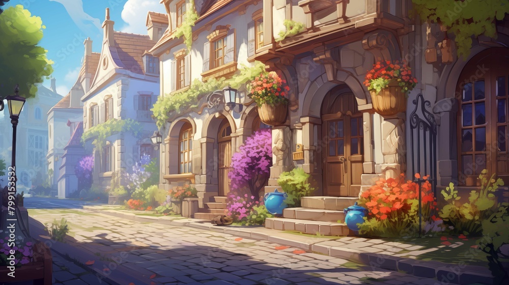 Fototapeta premium Sun-drenched houses on cobblestone street 2D cartoon illustration. Storybook village. Medieval charm flat image colorful scene horizontal. Sunny ambiance wallpaper background art