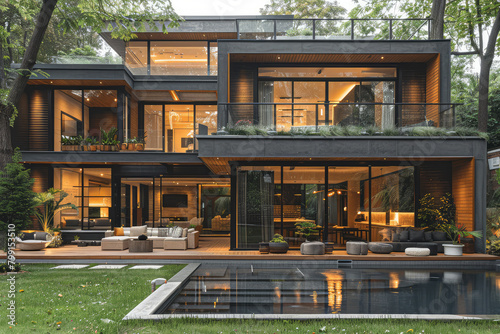 A modernist house with black wood and glass, set in the middle of an urban park surrounded by trees. Created with Ai