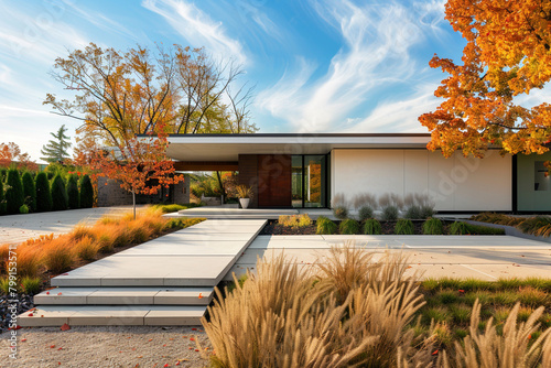 Minimalist design home sustainable front yard under autumn's crisp sky.