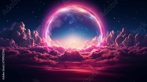 Luminous pink ring amidst starry night clouds illustration. Breathtaking cosmic. Futuristic fantasy wallpaper scene artwork. Surrealistic cloudscape background image digital art concept