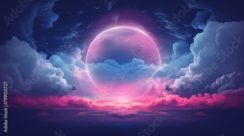 Majestic energy portal opening in nocturnal sky illustration. Cosmic glow. Futuristic abstract fantasy wallpaper scene artwork. Surrealistic clouds background image digital art concept photo