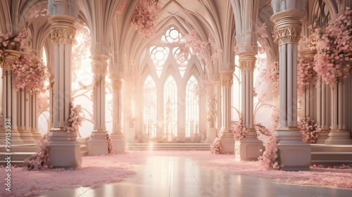 Light streams through blossom-filled cathedral illustration. Tranquil, heavenly pink blooms architecture wallpaper scene artwork. Pastels colors background image digital art concept