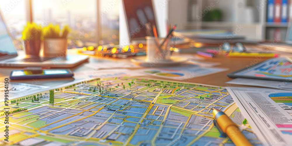 Close-up of a urban planner's desk with city maps and zoning documents, representing a job in urban planning